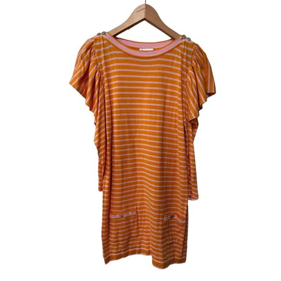 Tanya Taylor Striped Flutter Sleeve Mini Dress Pink Tangerine Orange Size Medium - Picture 1 of 13